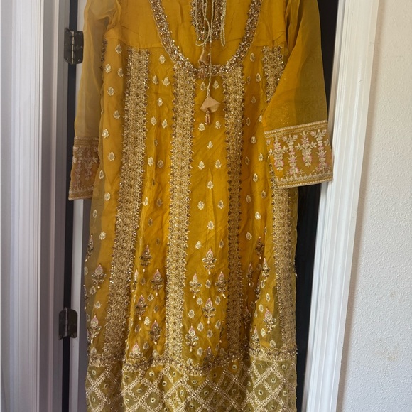 Yellow Embellished Tiered Dress with Bishop Sleeves - Picture 2 of 5